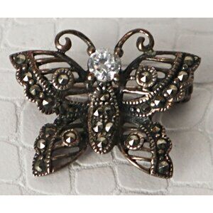 Vintage 925 Silver Crystal and Marcasite Butterfly Sterling Silver Brooch Pin